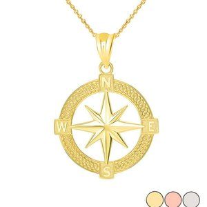 Solid 14k Gold The North Star with Nautical Compass Graduation Pendant Necklace
